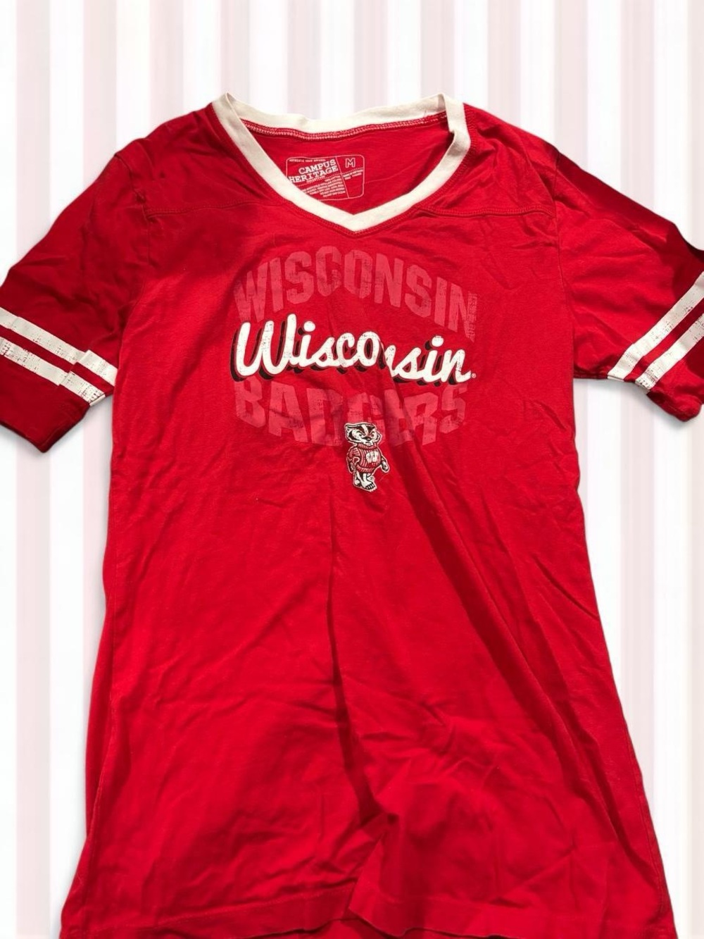 Campus Heritage Red Wisconsin Script V‑Neck Tee with White Trim